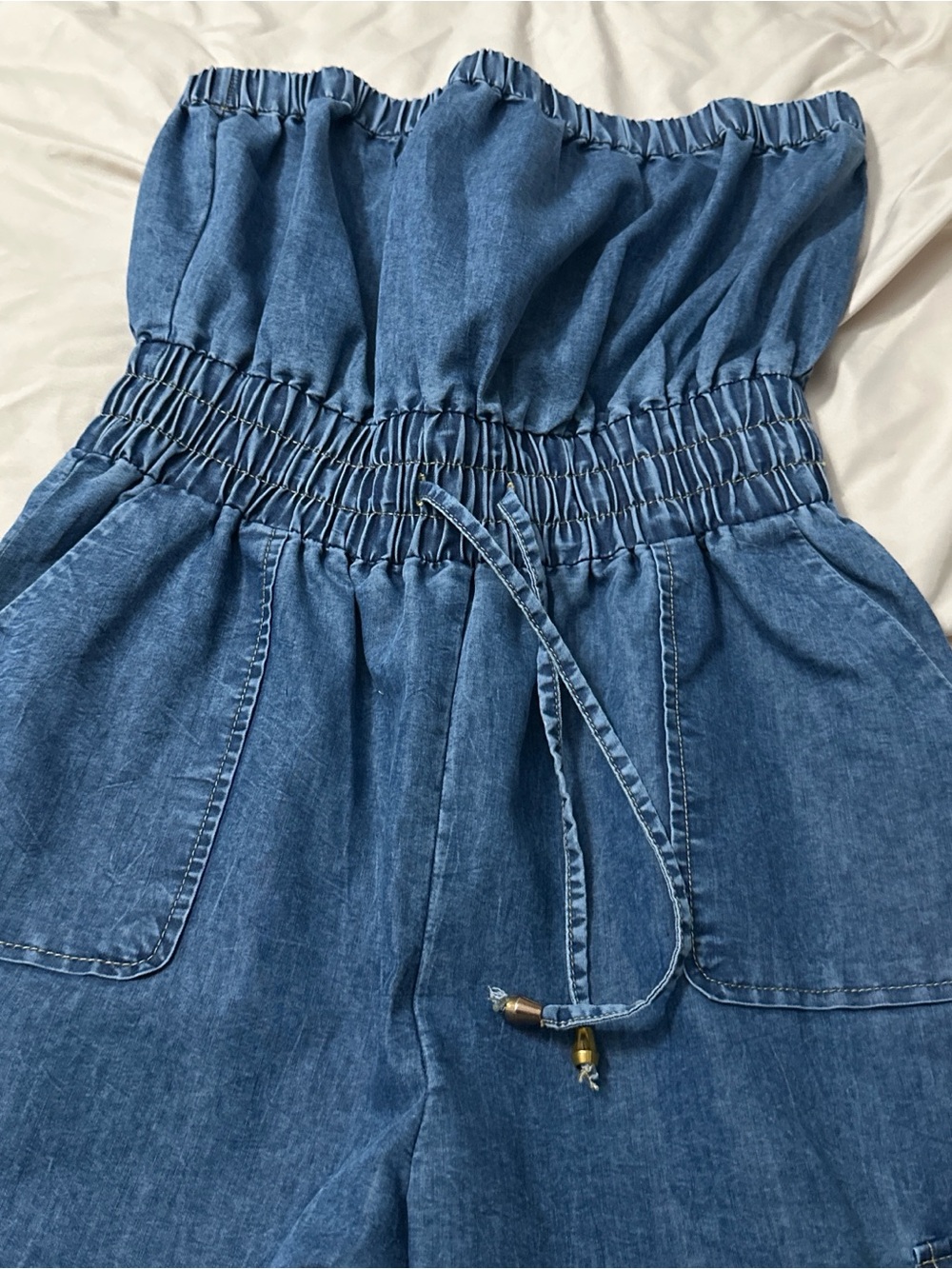 Smocked Waist Denim Cargo Jumpsuit - Blue - Picture 2 of 3